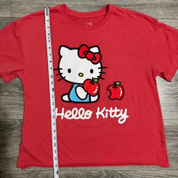 Sanrio Hello Kitty Red Graphic T-Shirt XL Apple Raw Hem Boxy Tee Womens 2024 Y2K - Picture 5 of 8